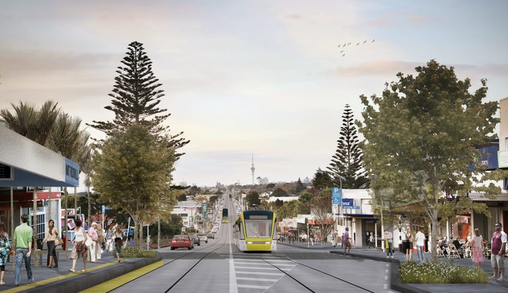 An artists'
visualisation for Auckland Transport of light rail in Mt
Roskill. Photo: Supplied / Auckland Transport 