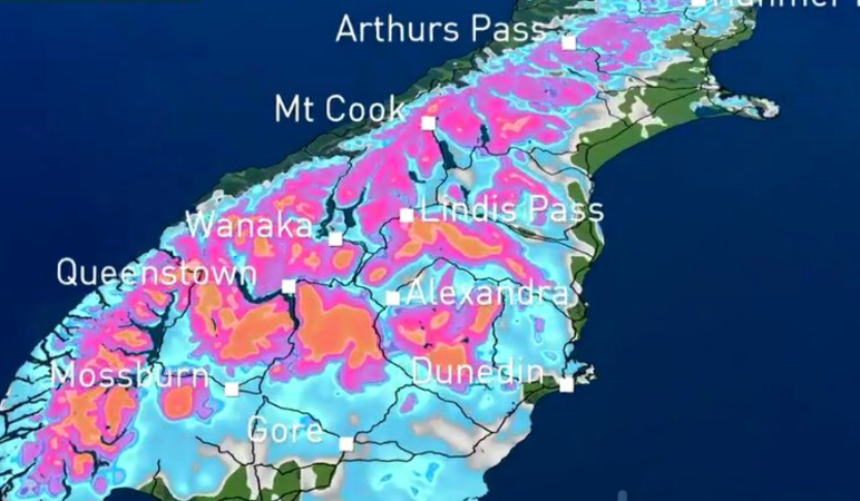 South island map showing snow
levels