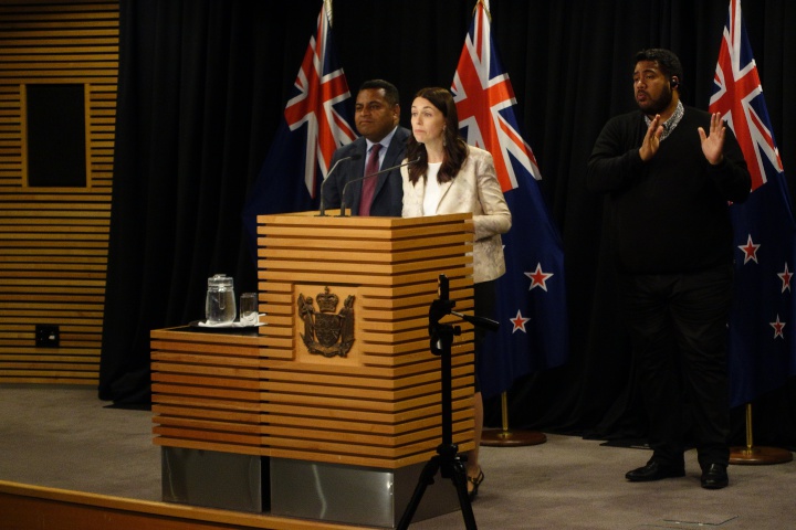 Prime Minister
Jacinda Ardern and Commerce and Consumer Affairs Minister
Kris Faafoi in the Beehive Theatrette