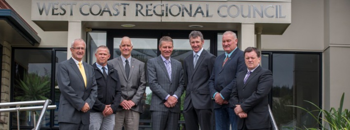 The men of the West
Coast Regional Council, standing in front of the council
offices