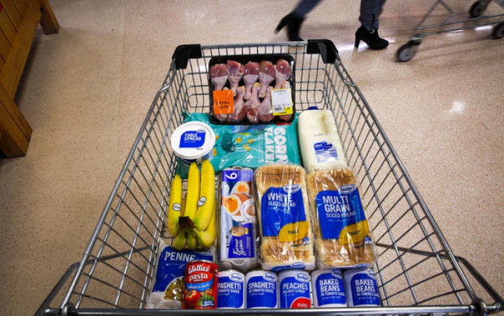 a supermarket
trolley with budget food items
