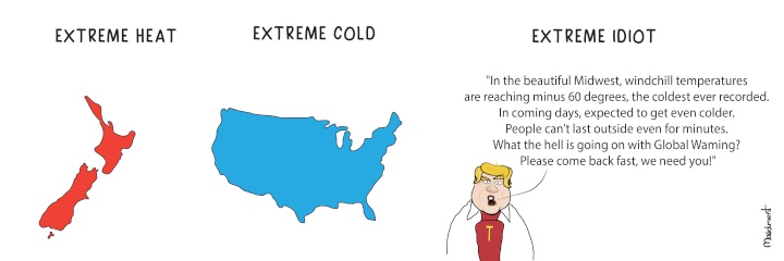 Extreme heat: New
Zealand; Extreme cold: USA; Extreme idiot: Donald Trump on
Twitter asking for Global Warming – Cartoon by Adrian
Maidment