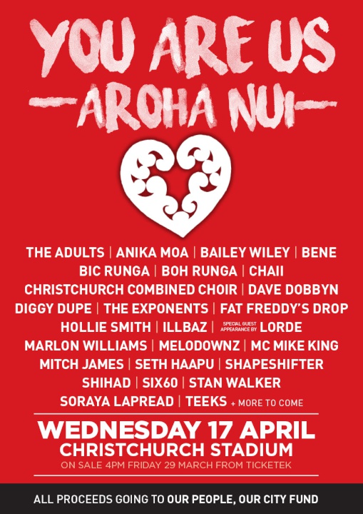 The Adults, Anika
Moa, Bailey Wiley, Bic Runga, Boh Runga, Chaii, Christchurch
Combined Choir, Dave Dobbyn, Diggy Dupe, The Exponents, Fat
Freddy's Drop, Hollie Smith, Illbaz, Special Guest
Appearance by Lorde, Marlon Williams, Melodownz, MC Mike
King, Mitch James, Seth Haapu, Shapeshifter, Shihad, Six60,
Stan Walker, Soraya Lapread, Teeks + more to
come