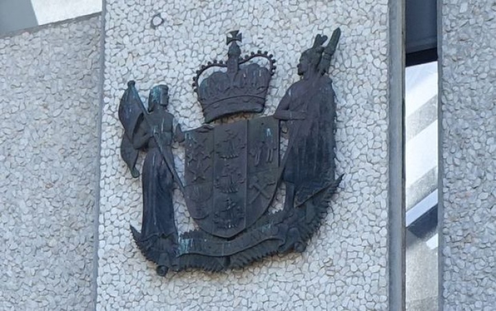 The outside of a
court house, showing the NZ Coat of arms