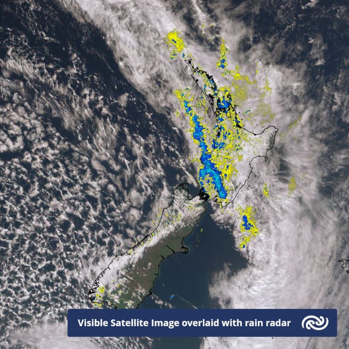 satellite image
overlaid with rain radar - show band of rain over North
Island