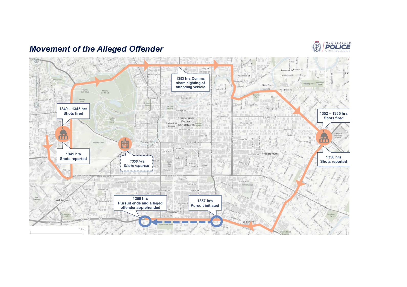 a police map showing events and times of the Christchurch mosque shootings and response