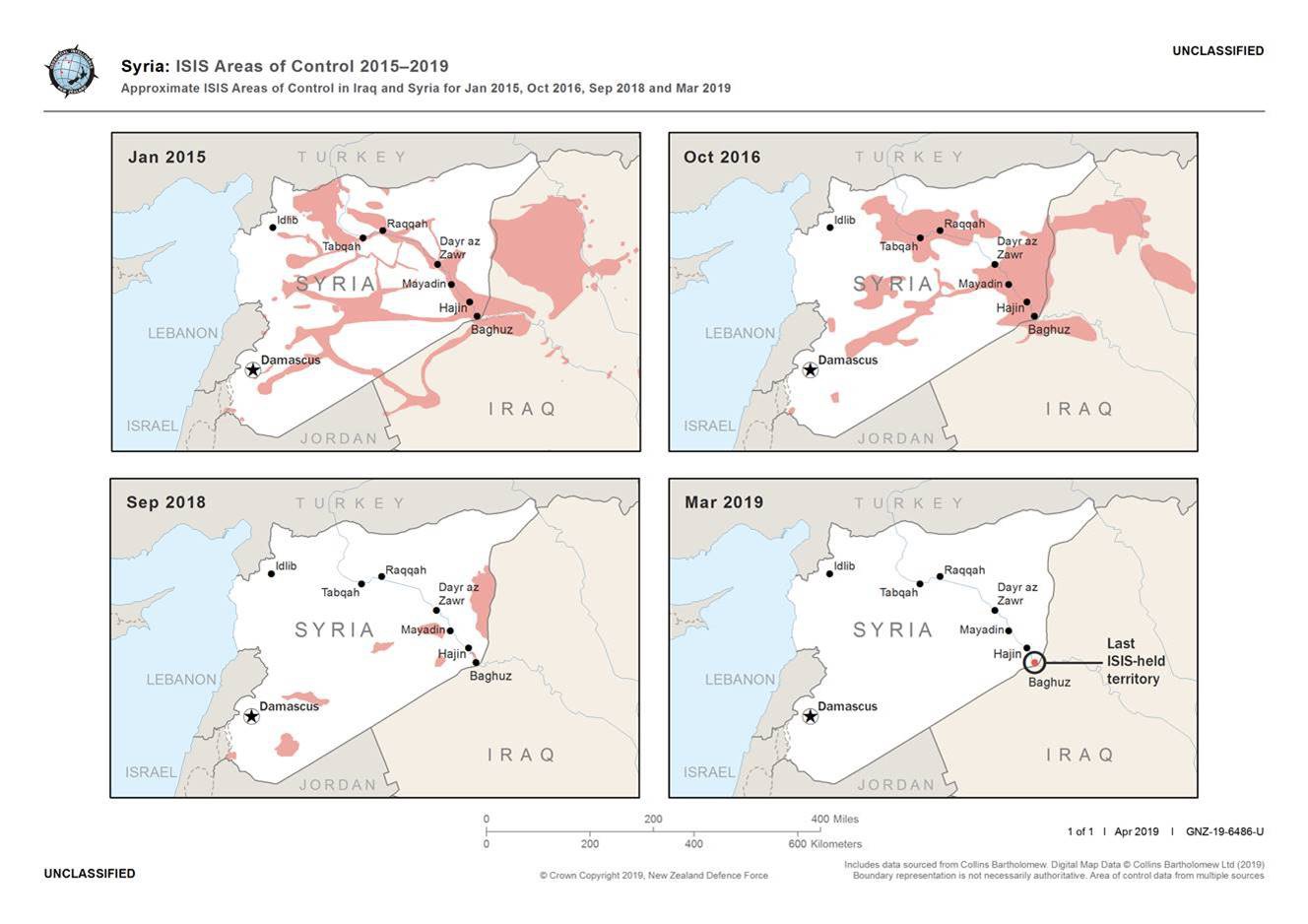 maps showing variation in IS control of Syria, restricted to only Baghuz in March 2019