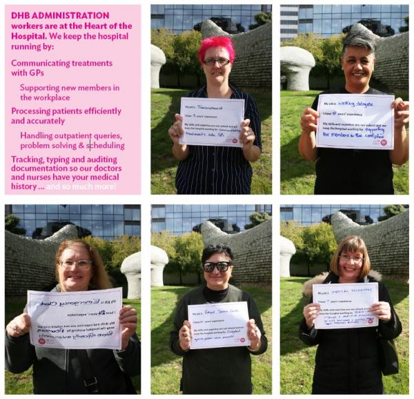 photos of members
holding up petition forms, with a message about the
importance of DHB admin
staff