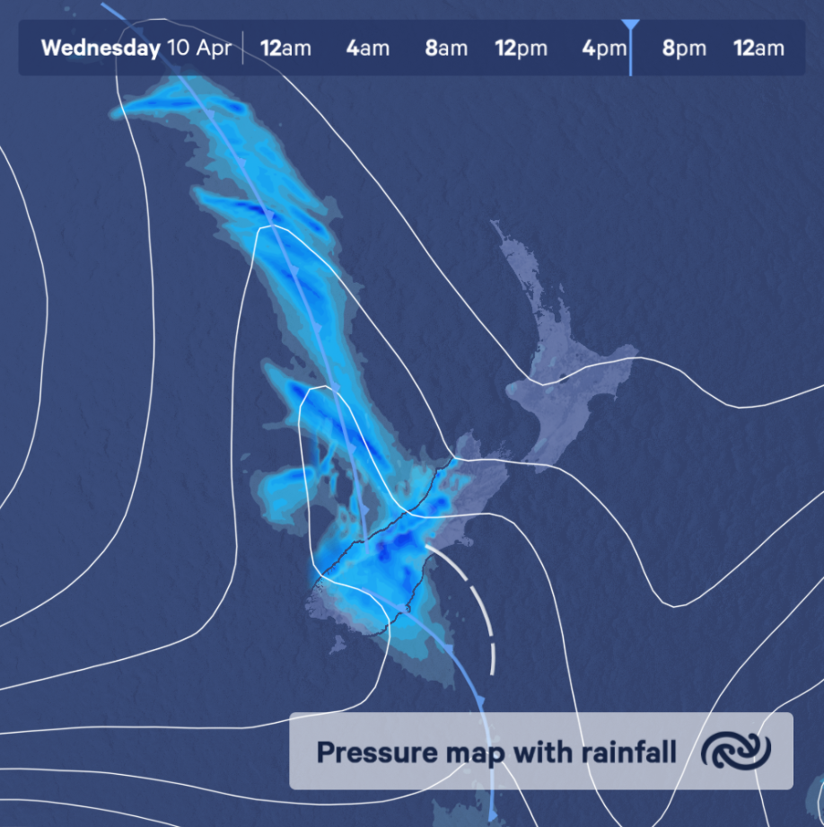pressure map with rainfall for
Wednesday 5pm, showing front across most of the south
island