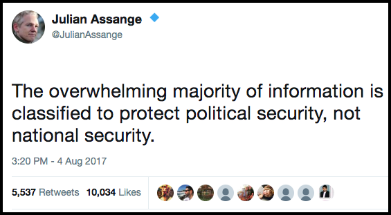 Julian Assange
tweet: The overwhelming majority of information is
classified to protect political security, not national
security.
