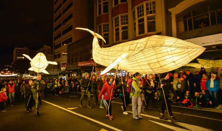 large paper
laternins in the shape of whales
