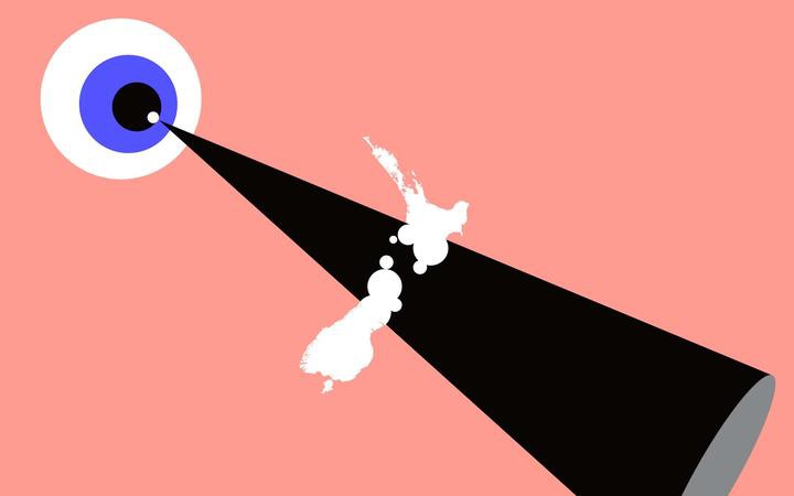 a stylised eye with
sight lines which pass through the middle area of a map of
New Zealand. In that area the map outline is rendering using
blobby circles