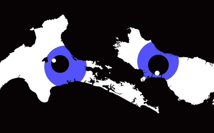 outlines of the
north and south islands with cartoon eyes looking through
them