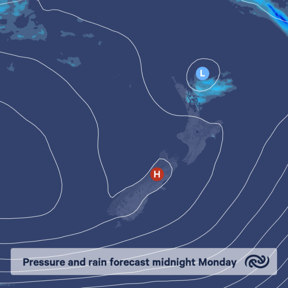 pressure and rain
for midnight Monday: a high dominating central nz with a low
and associated rain in the east of the upper north
island