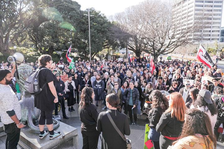 a large crowd
listening to a speech outside parliament