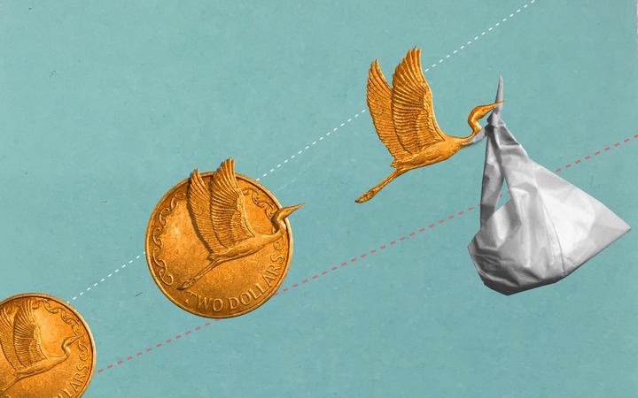 an illustration
showing the white heron flying out of a two dollar coin,
carrying a bundle like a stork carrying a baby
