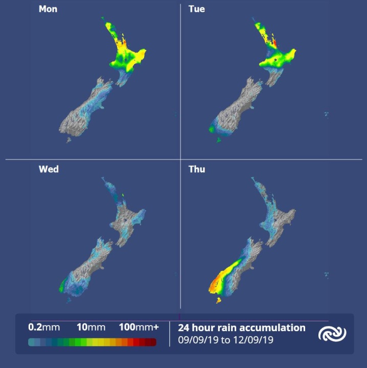 maps show rain in
the north Mon, Tue and in Fiordland
Thurs