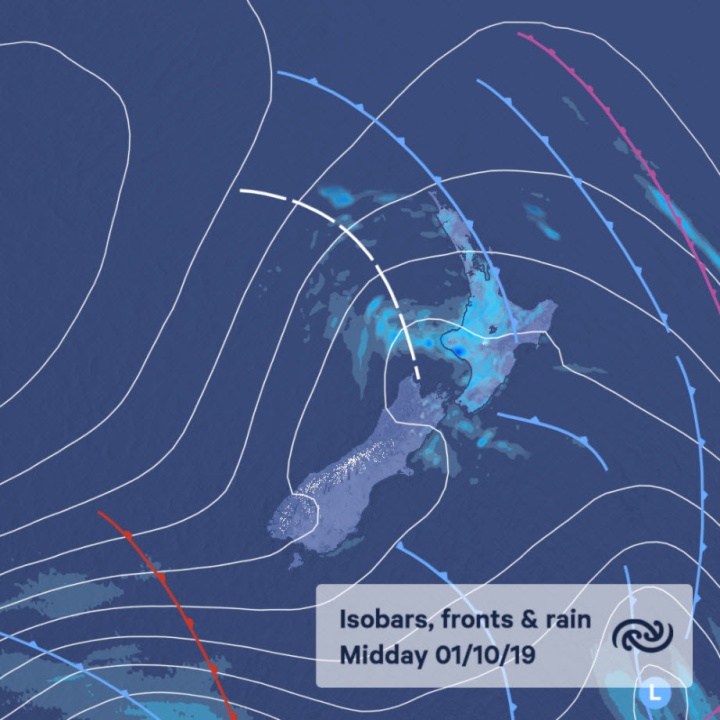 weather map for
midday 1/10/19, showing cold fronts moving up or beside new
zealand
