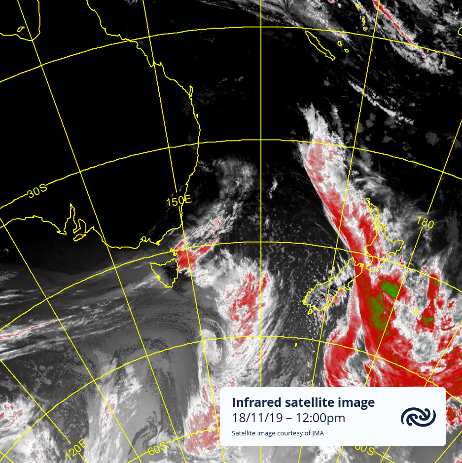 infrared satellite
image for 12pm Nov 18, showing a rainy front across the
country covering either side of cook
strait